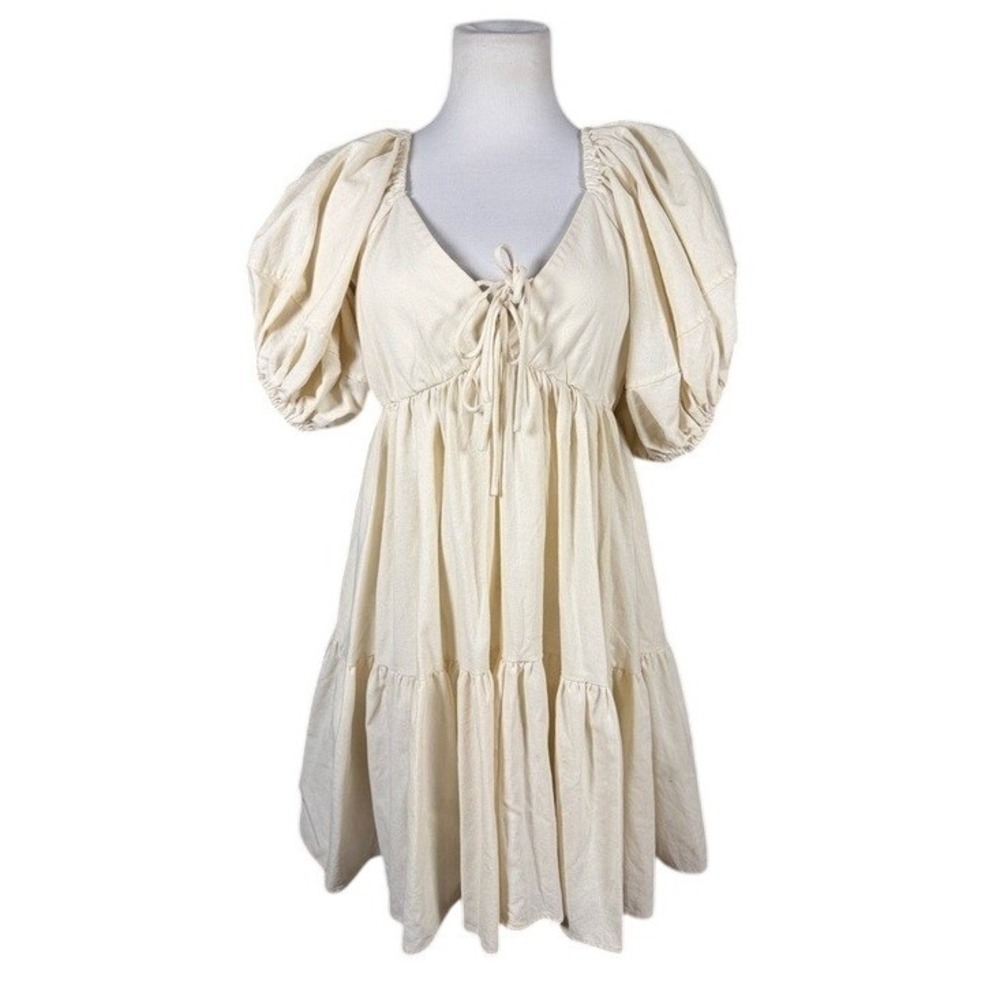 Salty Bright Cream Puff Sleeve Tiered Babydoll Mini Dress Size 12 Ivory Boho‎